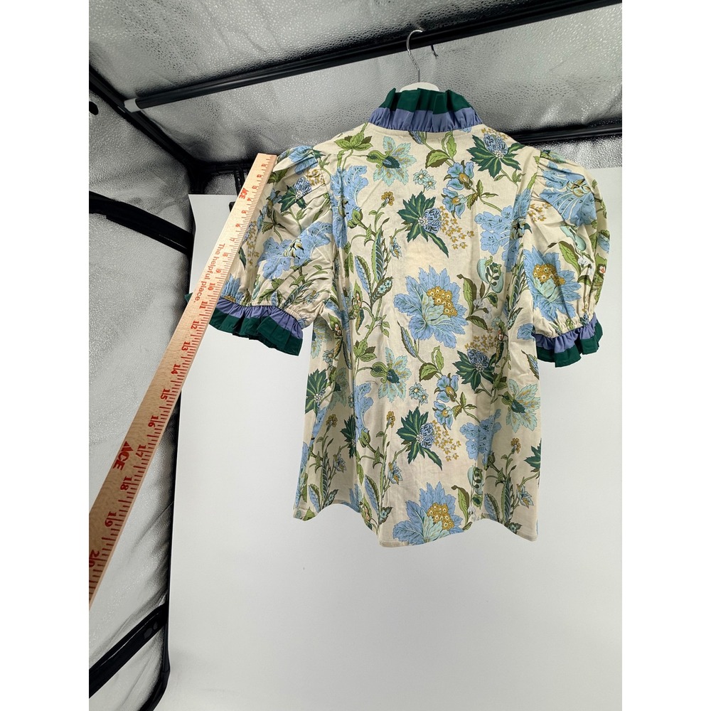 Entro Floral Puff Sleeve Ruffle V-Neck Cotton Blouse Top Blue Green Medium - Picture 2 of 6